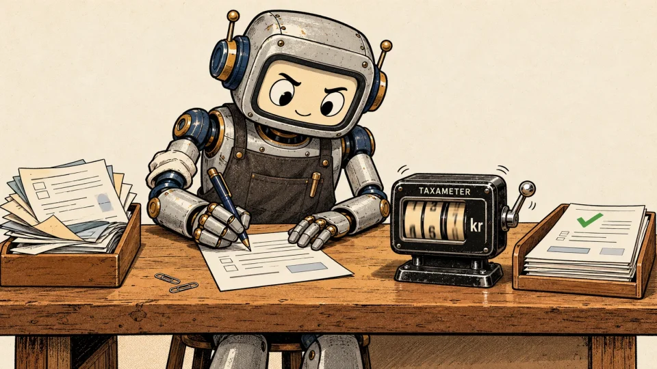 Illustrated robot filling in forms at a desk, with an inbox full of cases, a taxi meter counting kroner and an outbox of approved cases