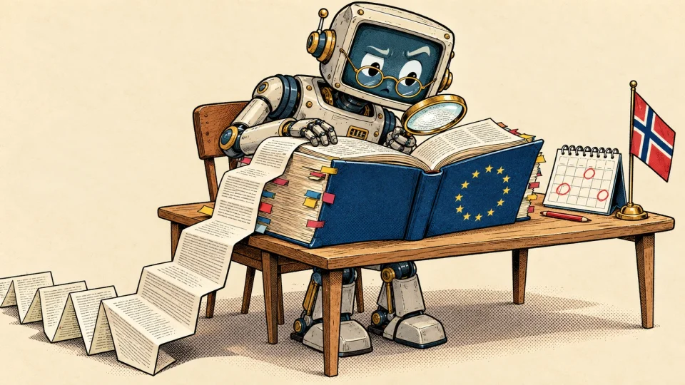 Illustrated robot with a magnifying glass reading a thick EU law book with coloured tabs, next to a calendar with circled dates and a Norwegian flag on the desk