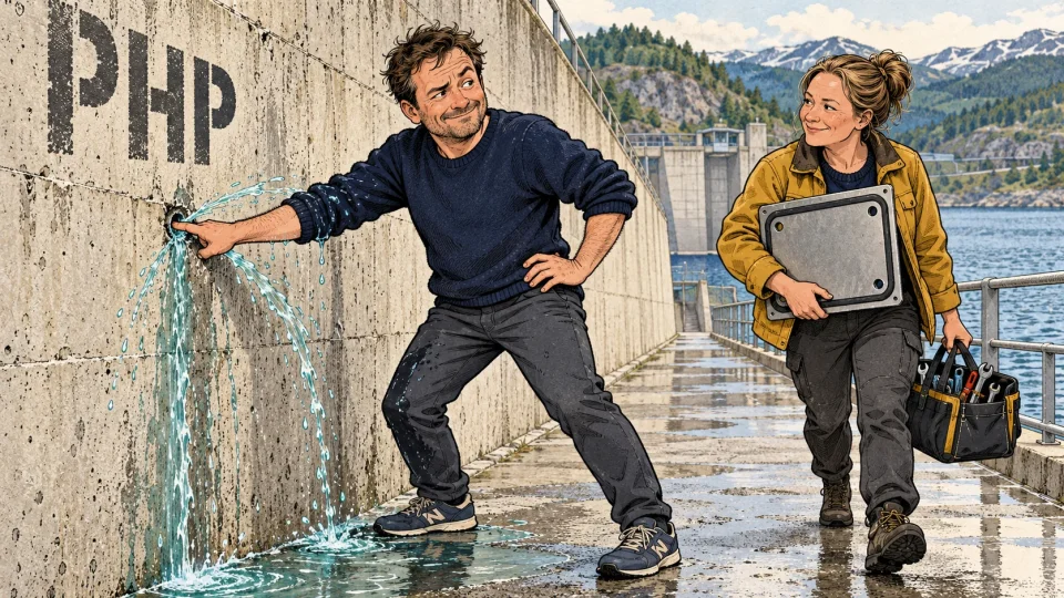 Illustrated man holding his finger in a leak in a dam wall marked PHP as water sprays out, while a colleague arrives with a steel plate and a tool bag