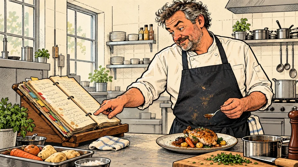 Illustrated chef pointing at a worn recipe book with coloured tabs while tasting the sauce for a finished dish