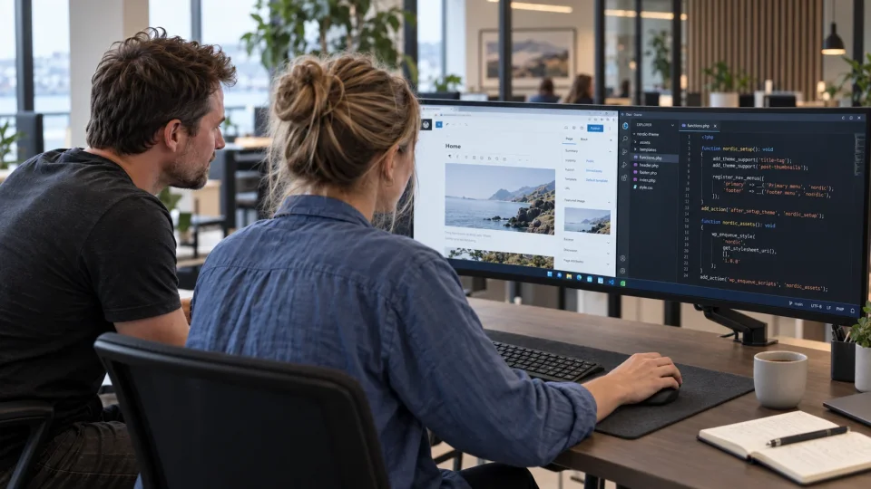 To utviklere ved en skjerm med WordPress-editoren og temakoden i functions.php side om side